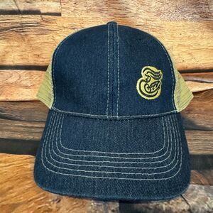 Panera Bread Trucker Hat Men's Adjustable Blue Denim Tan Mesh Gold Logo